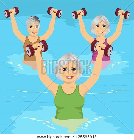 group of senior women making aqua gym exercises with dumbbells in swimming pool
