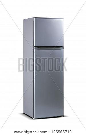 Gray fridge freezer, refrigerator isolated on white