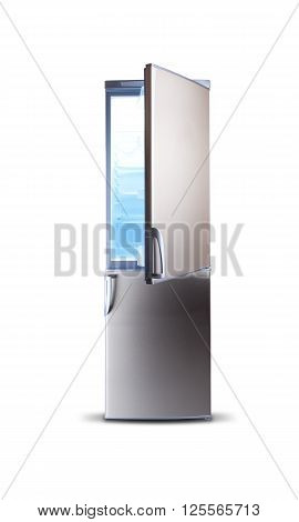 Stainless steel refrigerator open isolated on white.