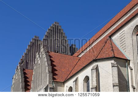 Copenhagen, Denmark - April 11, 2016: Exterior detail photograph of Grundtvigs Church