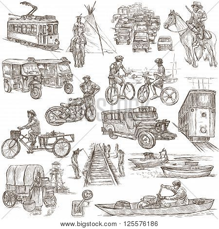TRANSPORT. Collection of an hand drawn illustrations. Description Full sized hand drawn illustrations - freehand sketches. Drawings on white background.