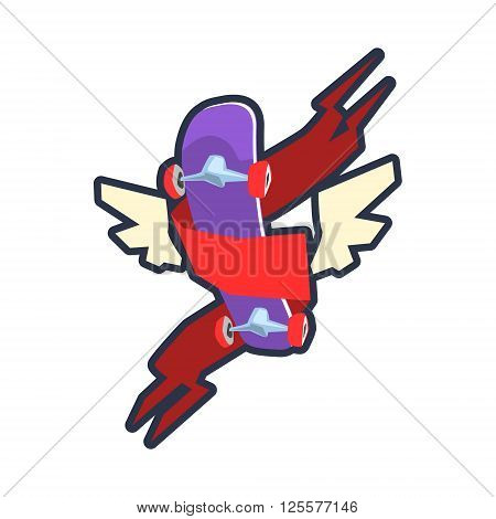 Winged Skateboard Outlined Flat Vector Logo Colorful Design Isolated On White Background