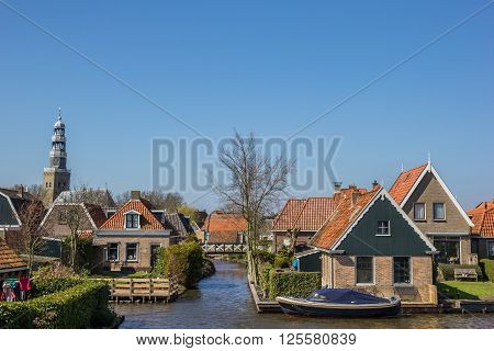 View over historical city Hindeloopen in Holland