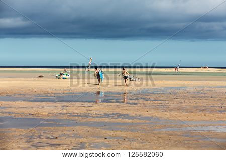 Fuerteventura, Spain - September 2015: Windsurfing On The Beach Of Costa Calma .fuerteventura Canary
