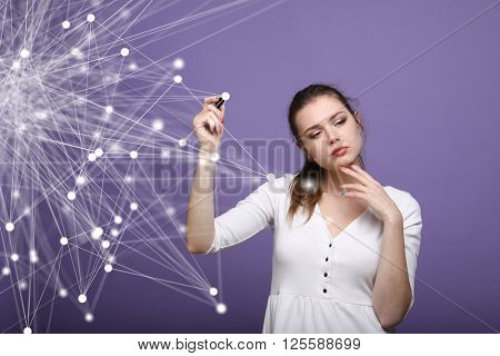 Global network connection concept, woman working with futuristic computer interface.