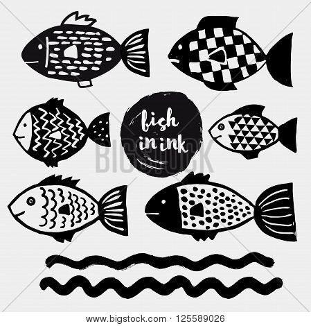 Hand drawn vector fishes and waves in black and white doodle style.