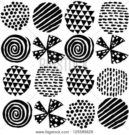 Vector decorative seamless black and white pattern with hand drawn abstract elements in ink.