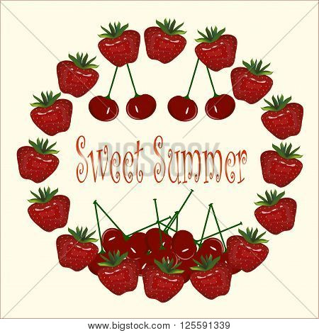 Typography banner Sweet Summer. Strawberries chaplet, cherries on light background. Painting, vector