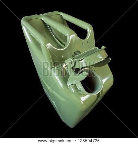 Army jerrican with open cap, top view, isolated on black background.
