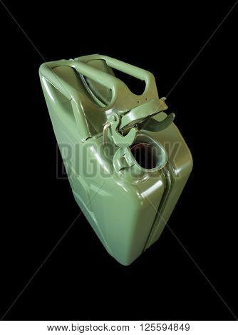 Army jerrican with open cap, top view, isolated on black background.