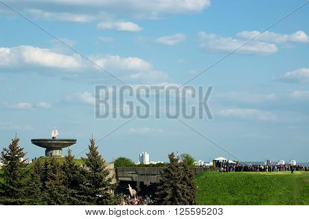 Celebration of Victory Day at the Eternal flame at the Museum of The History of Ukraine in World War II in Kyiv, Ukraine