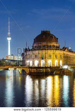 Bodemuseum and TV Tower in Berlin, Germany, by night