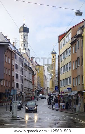Augsburg Germany - January 16 2016: One of the street in city of Augsburg during winter time Swabia Bavaria Germany. Augsburg is Germany's third oldest city.