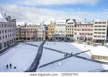 Augsburg Germany - January 17 2016: Rathausplatz - old town in city of Augsburg during winter time. Augsburg is Germany's third oldest city.
