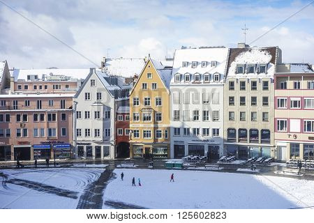 Augsburg Germany - January 17 2016: Rathausplatz - old town in city of Augsburg during winter time. Augsburg is Germany's third oldest city.