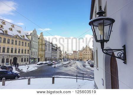Augsburg Germany - January 17 2016: Old town street in city of Augsburg during winter time. Augsburg is Germany's third oldest city.