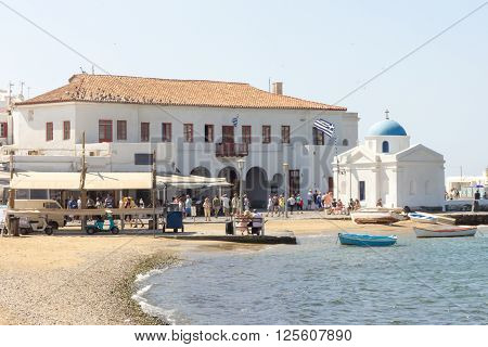 Harbour front with church in Mykonos Greece