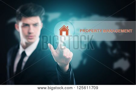 businessman pressing button on virtual screens with hexagons and transparent honeycomb