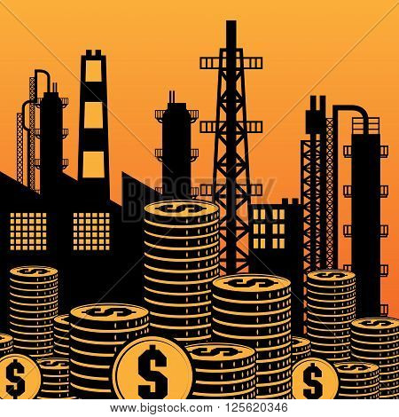Oil refinery silhouette at sunset, vector illustration