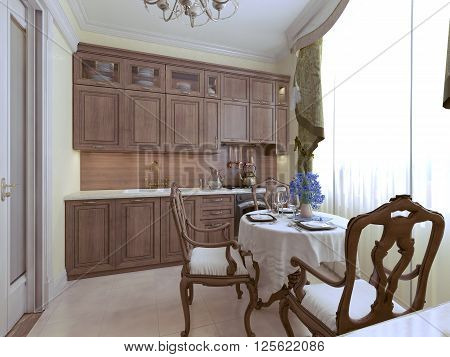 Luxury kitchen english style in daylight. 3d render