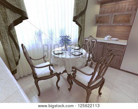 Dining room neoclassicism style, wooden furniture. 3d render