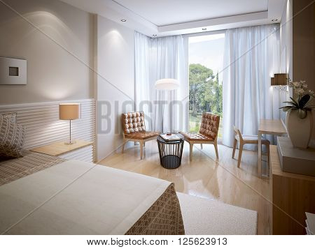 Eclectic bedroom interior with relax area. 3d render
