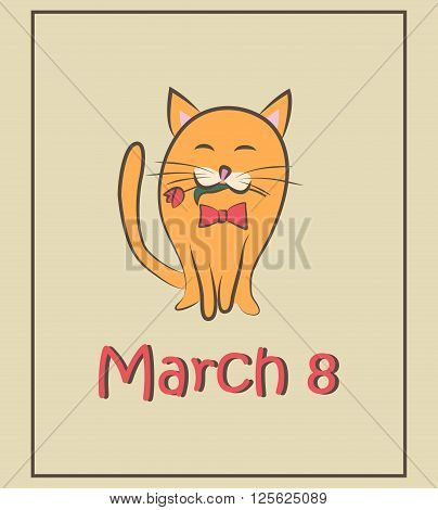March 8. Cat with tulips. Color card. Vector illustration