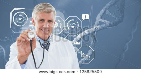 Happy doctor smiling at camera and showing his stethoscope against image of a dna