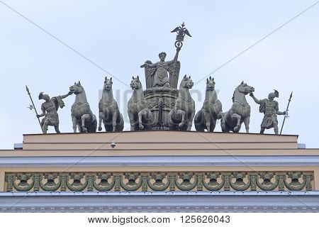 St. Petersburg, Russia - March, 13, 2016: Sculptural group on an arch roof at Palace Square in St. Petersburg, Russia. 
