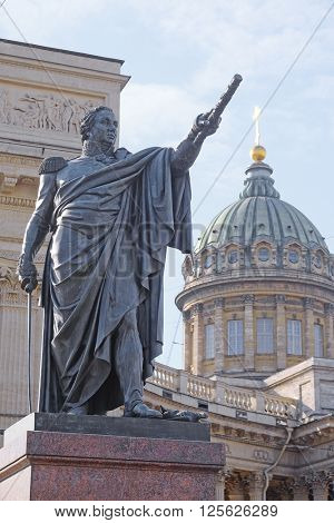 St. Petersburg, Russia - March, 13, 2016: Monument of Kutuzov near Kazan Cathedral in St. Petersburg. Kutuzov, the commander-in-chief in war of Russia against Napoleon, was buried in this cathedral