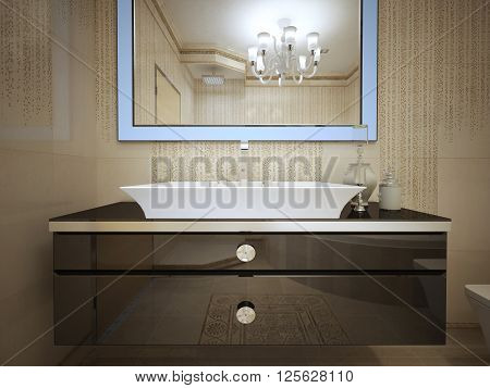 Art Deco bathroom design with framed mirror and console sink. 3d render