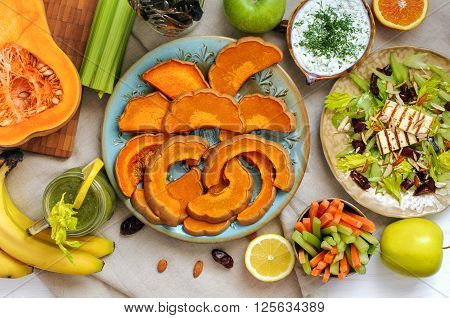 Healthy Lunch Salad, Tzatziki And Baked Pumpkin