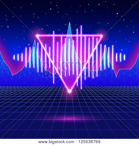 Retro gaming neon background with music wave