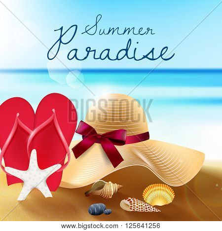 Illustration of Summer paradise of sandy beach, straw hat, sandals, shells and starfish