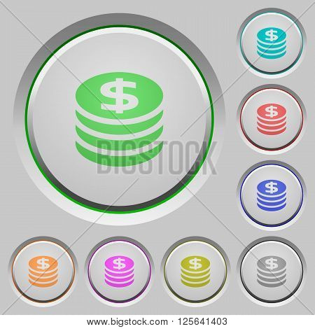 Set of color dollar coins sunk push buttons.