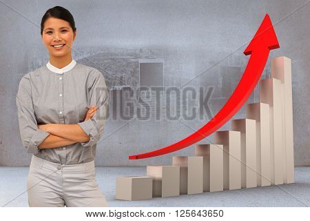 Selfassured businesswoman with folded arms against city scene in a room