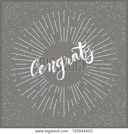 Modern calligraphy congratulations poster with a dotted background and radial rays patern. Brush lettering vectir design for posters, cards, t-shirts, banners, web. Hand lettered word in vector format