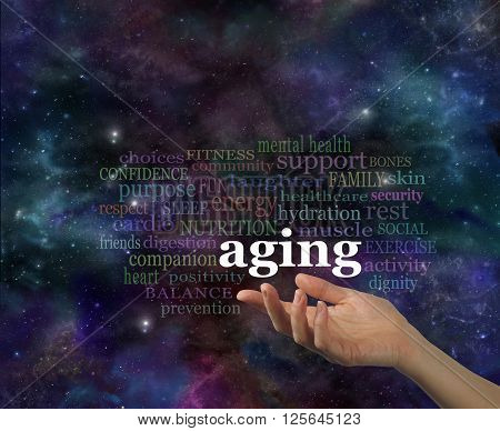 The Specifics of Aging in Your Twilight Year - female hand with the word AGING floating above surrounded by a relevant word cloud on a deep space night time background with copy space.