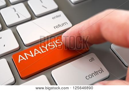 Analysis - Modernized Keyboard Concept. Analysis Concept - Modern Keyboard with Analysis Keypad. Hand of Young Man on Analysis Orange Button. Analysis Concept - Modern Laptop Keyboard with Keypad. 3D.