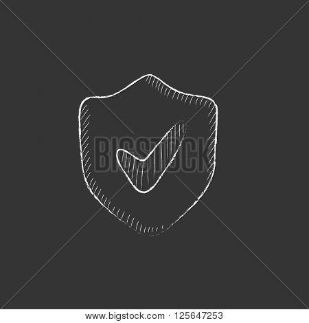 Shield with check mark. Drawn in chalk icon.