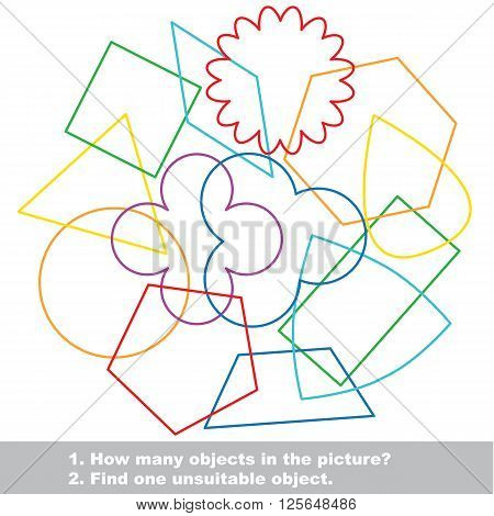 Simple geometric shapes mishmash colorful set in vector. Find all hidden objects on the picture. Find one unfit object. Visual game for children.