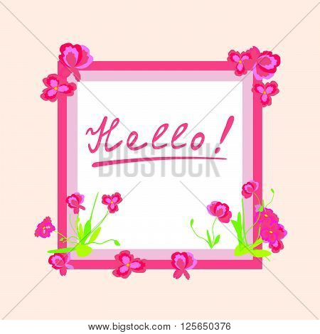 Delicate frame, greeting. For wedding invitations, greeting cards, posters, wedding cards. Gentle rectangular frame with pink flowers, twigs, young green stems and leaves.