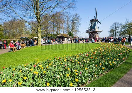 LISSE THE NETHERLANDS APRIL 11 2016: Tourists are visiting 'the Keukenhof'in the spring. The Keukenhof is a popular flower garden which is visited by a million tourists from all around the world. It is open for only six weeks every year.