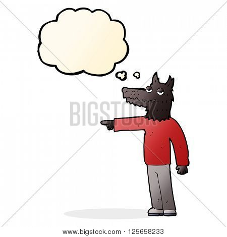 cartoon wolf man pointing with thought bubble