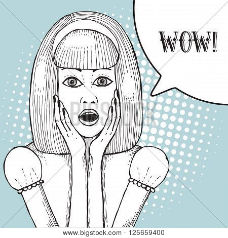 Surpraised girl with buddle and halftones in vintage style vector engraved poster
