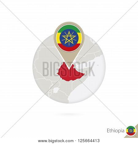 Ethiopia Map And Flag In Circle. Map Of Ethiopia, Ethiopia Flag Pin. Map Of Ethiopia In The Style Of