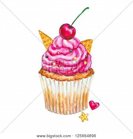Watercolor cupcake. Watercolor cherry cupcake. Hand drawn Watercolor cupcake with decoration cream and cherry. Sweet tasty food illustration