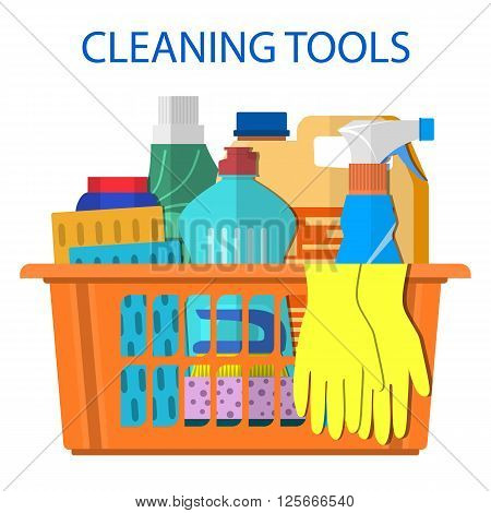 Household cleaning products and accessories in basket with detergent spay and rubber gloves abstract vector illustration in flat design. Cleaning set. MOP, sponge.