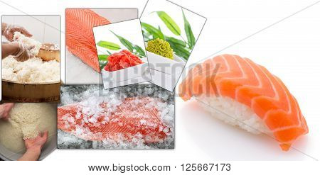 Salmon Nigiri And Collage With Process Of Making Sushi Isolated On White Background