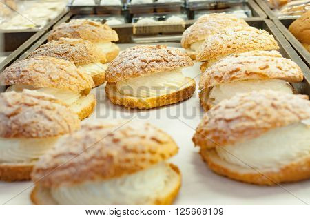 Choux cream soboro sweet in a bakery shop Bangkok Thailand